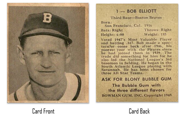Bob Elliott Bowman rookie card front and back