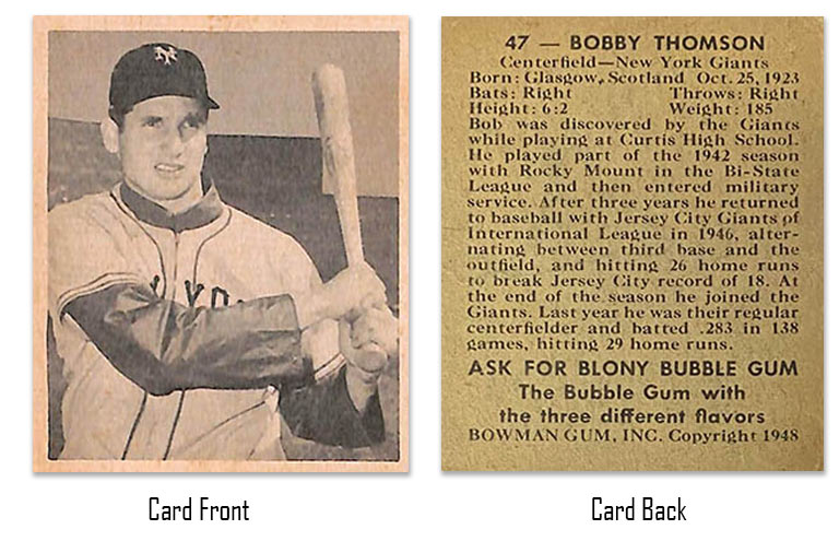 1948 Bowman Bobby Thomson Rookie Card #47 front and back