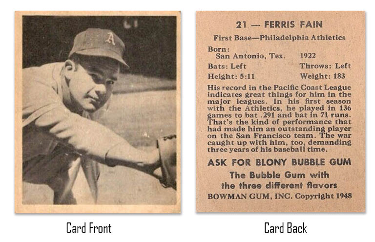 1948 Bowman Ferris Fain Rookie Card #21 front and back