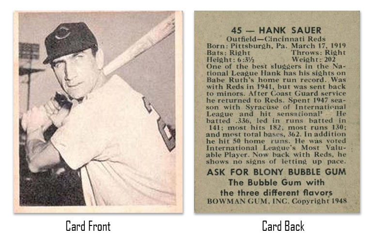 1948 Bowman Hank Sauer Rookie Card #45 front and back
