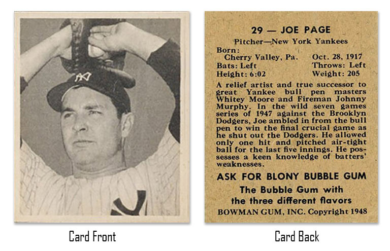 1948 Bowman Joe Page Rookie Card #29 front and back