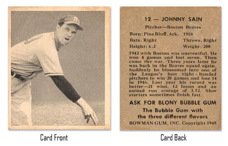 1948 Bowman Johnny Sain Rookie Card #12 front and back