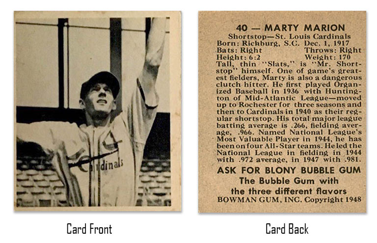 1948 Bowman Marty Marion Rookie Card #40 front and back