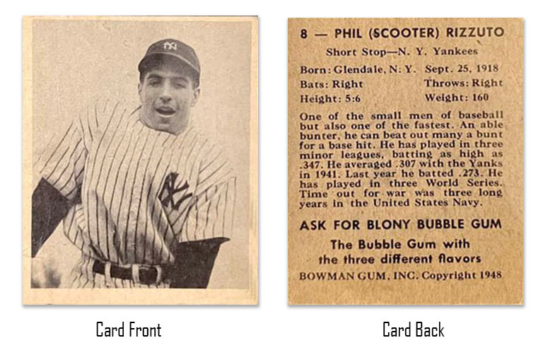 1948 Bowman Phil Rizzuto Rookie Card #8 front and back