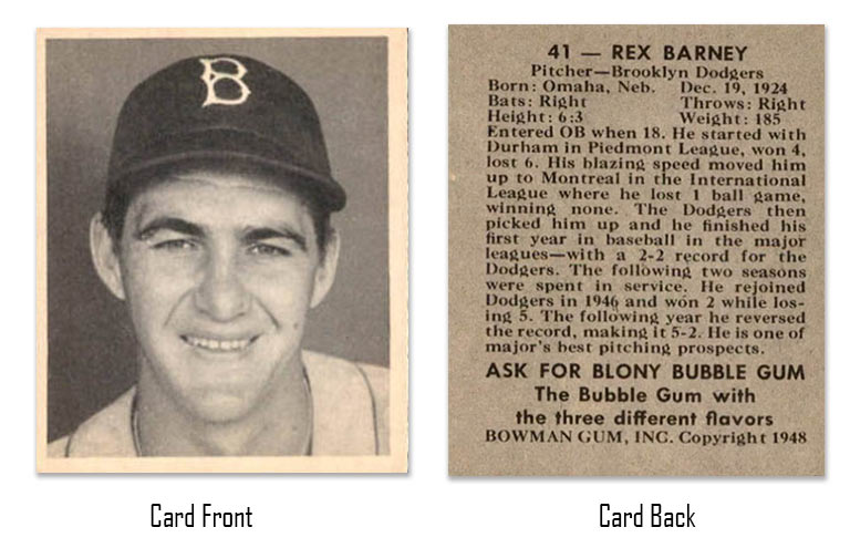 1948 Bowman Rex Barney Rookie Card #41 front and back