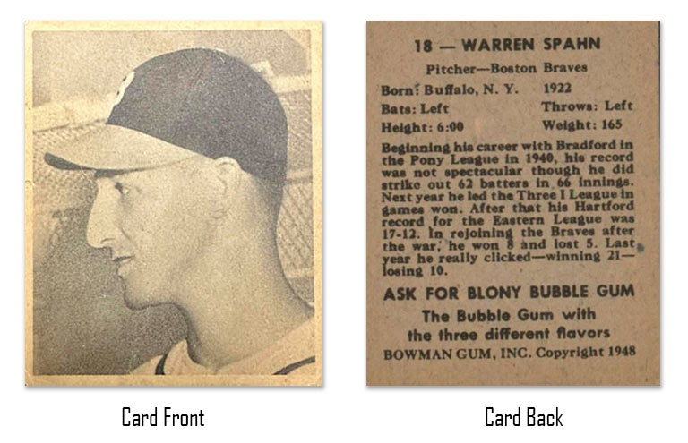 1948 Bowman Warren Spahn Rookie Card #18 front and back