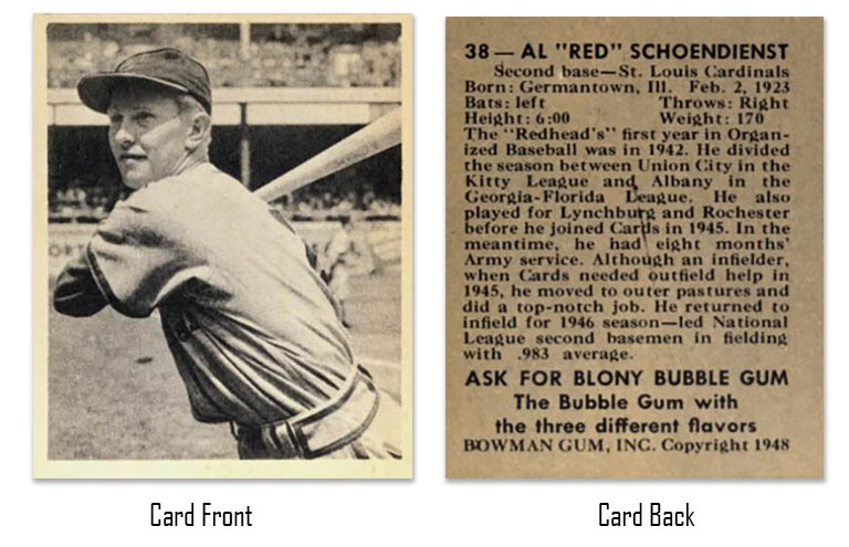 1948 Bowman Red Schoendienst Rookie Card #38 front and back