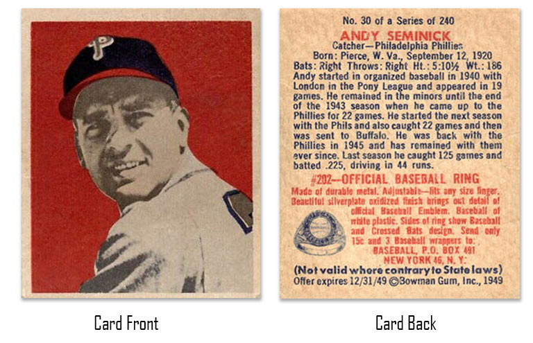 1949 Bowman Andy Seminick baseball card