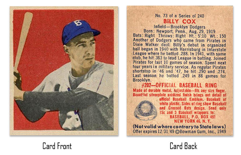 1949 Bowman Billy Cox baseball card