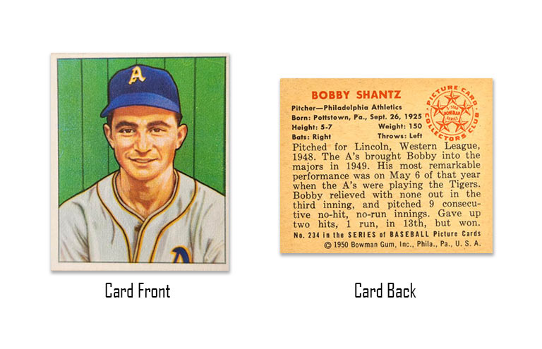1950 Bowman baseball Bobby Shantz rookie card