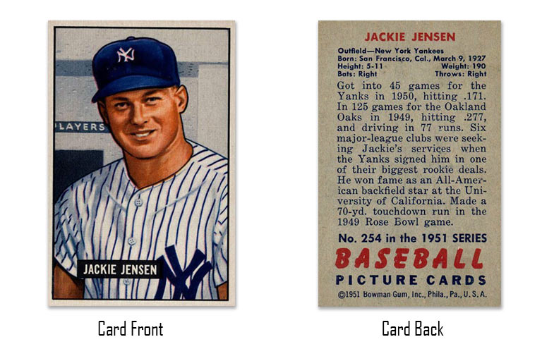 1951 Bowman Jackie Jensen rookie card #254