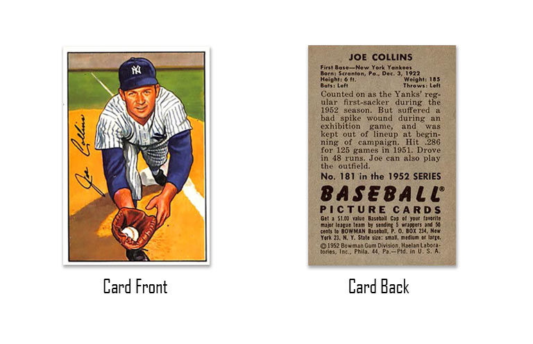 1952 Bowman Joe Collinss Rookie Card #181