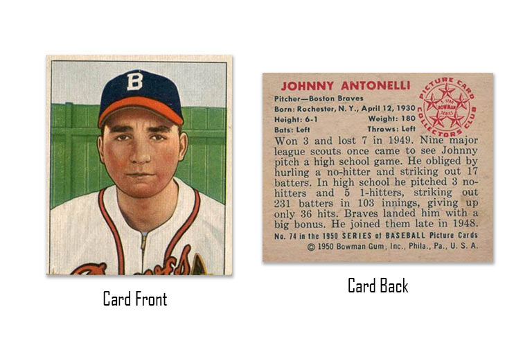 1950 Bowman baseball Johnny Antonelli rookie card