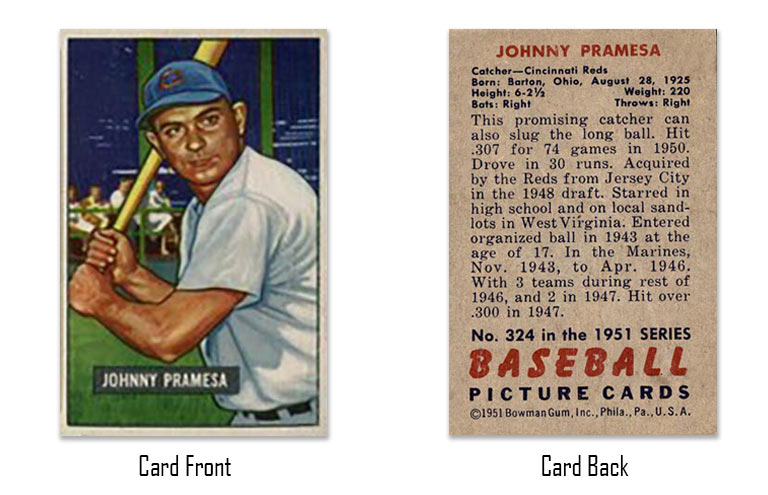 1951 Bowman Johnny Pramesa rookie card #324