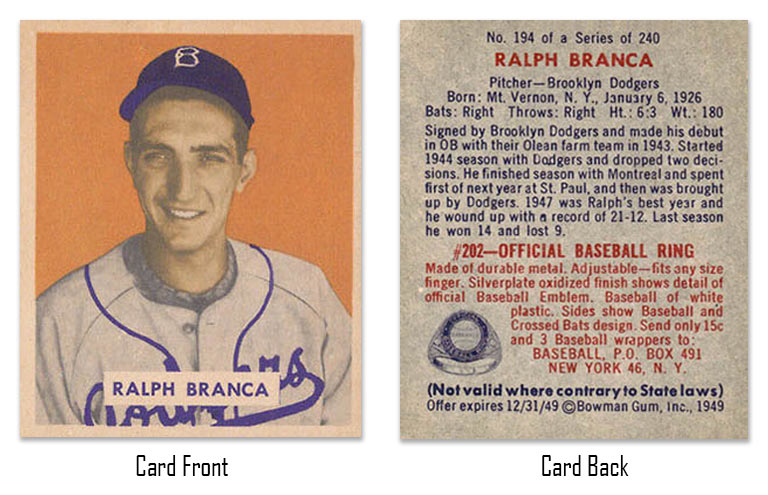 1949 Bowman Ralph Branca baseball card