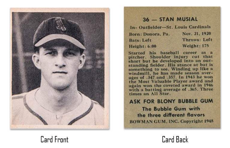 1948 Bowman Stan Musial Rookie Card #36 front and back