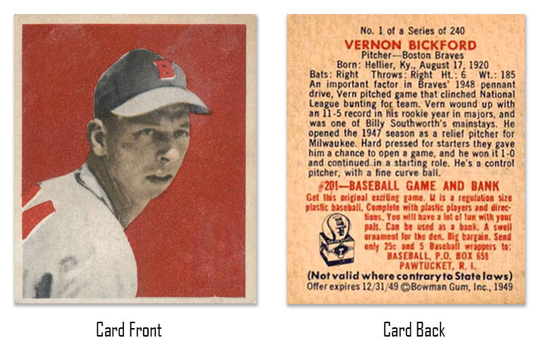 1949 Bowman Vernon Bickford baseball card