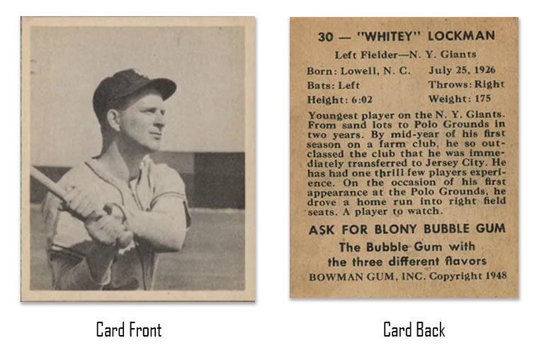 1948 Bowman Whitey Lockman Rookie Card #30 front and back