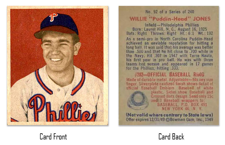 1949 Bowman Willie Jones baseball card