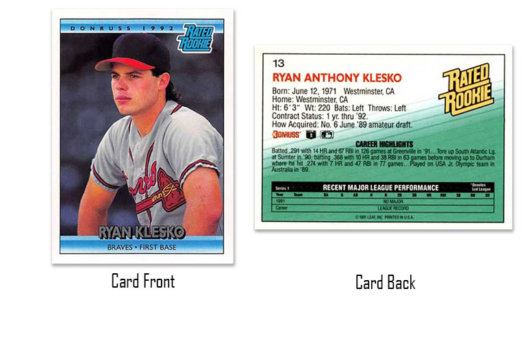 1992 Donruss Ryan Klesko "Rated Rookie" card