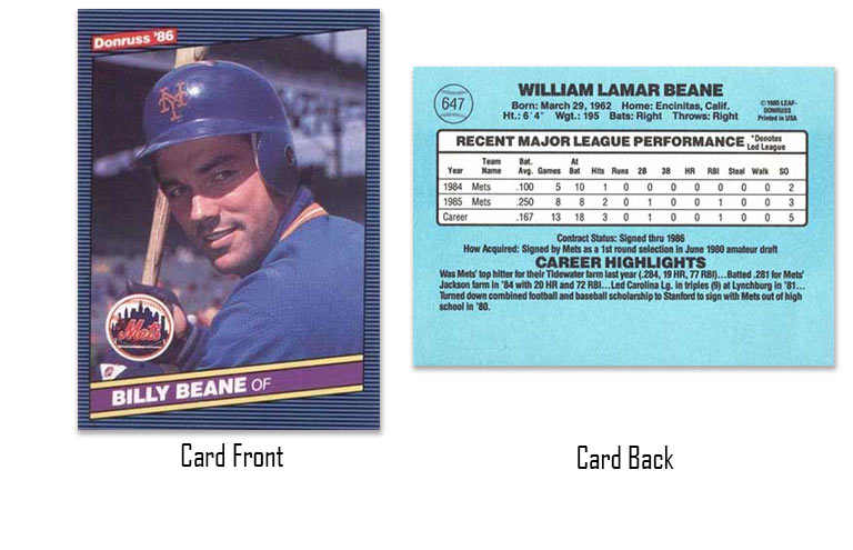1986 Donruss Billy Beane rookie card