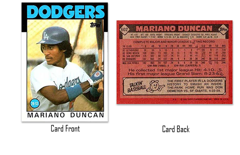 1986 Topps baseball Mariano Duncan rookie card