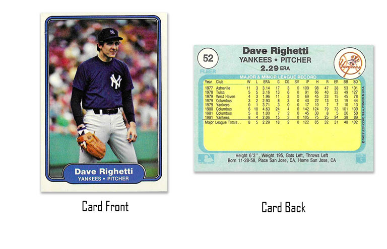 1982 Fleer baseball Dave Righetti rookie card