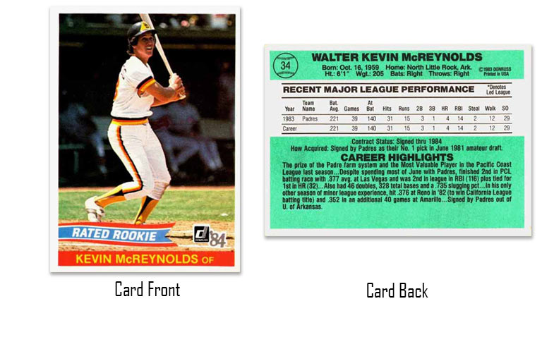 1984 Donruss Kevin McReynolds Rated Rookie card