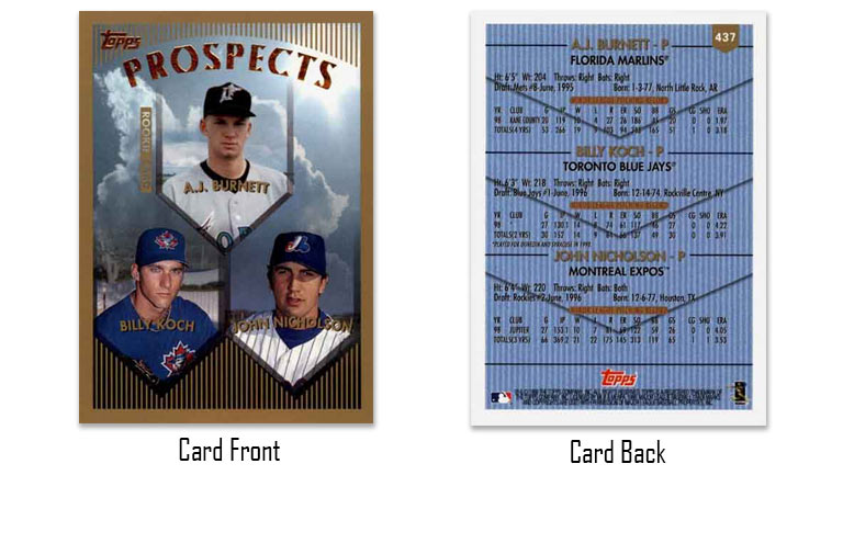 1999 Topps A.J. Burnett, Billy Koch and John Nicholson rookie card